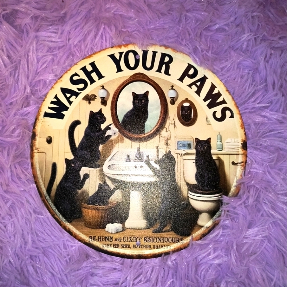 Wash Your Paws Cat Decor Plate wall hanging metal black kitten paws home art